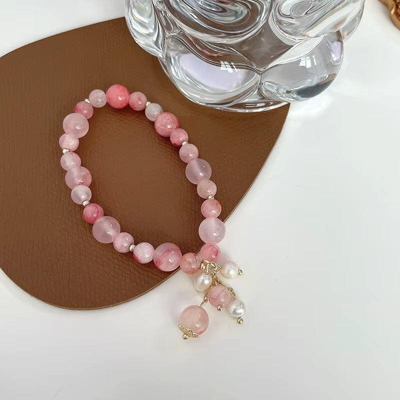 Pink Crystal Natural Stone Bracelet Reiki Energy Strand Bracelets Bangles for Women Prayer Blessing Health Wristband Jewelry