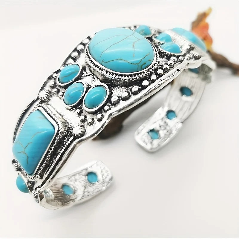 Women'S Vintage Bohemian Jewelry Cuff Bracelet with Faux Turquoise Opening Adjustable Bracelet Holiday Party Accessories