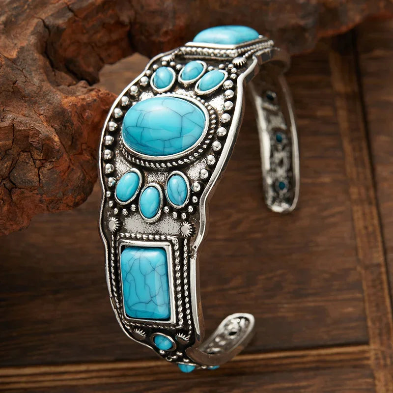 Women'S Vintage Bohemian Jewelry Cuff Bracelet with Faux Turquoise Opening Adjustable Bracelet Holiday Party Accessories
