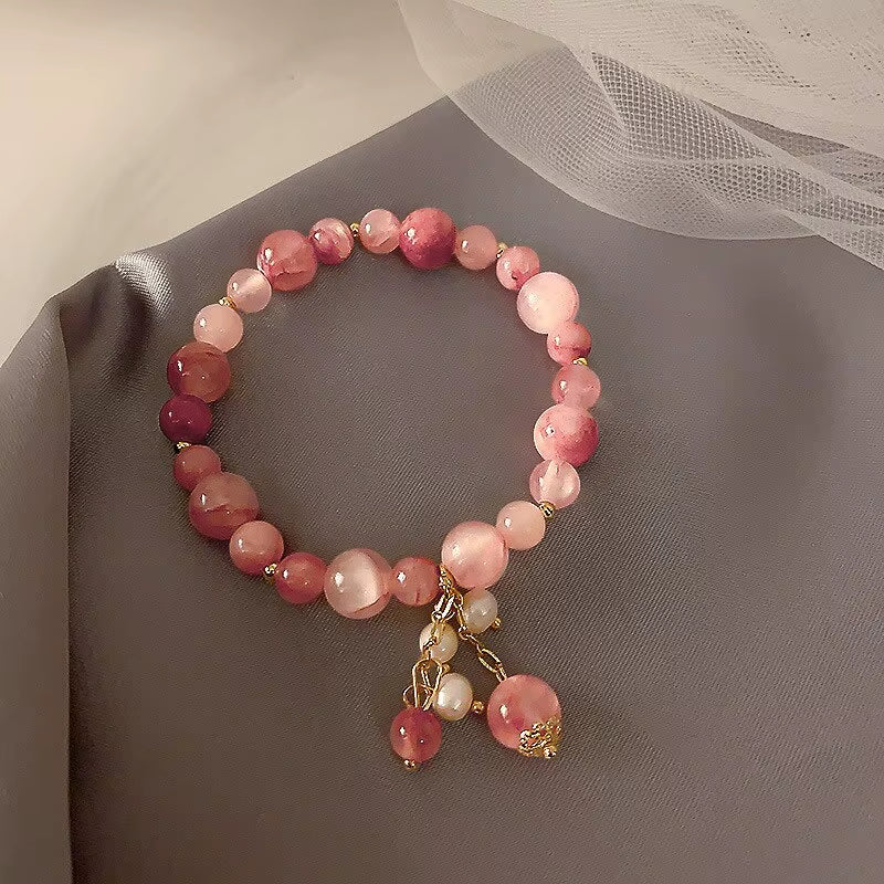 Pink Crystal Natural Stone Bracelet Reiki Energy Strand Bracelets Bangles for Women Prayer Blessing Health Wristband Jewelry