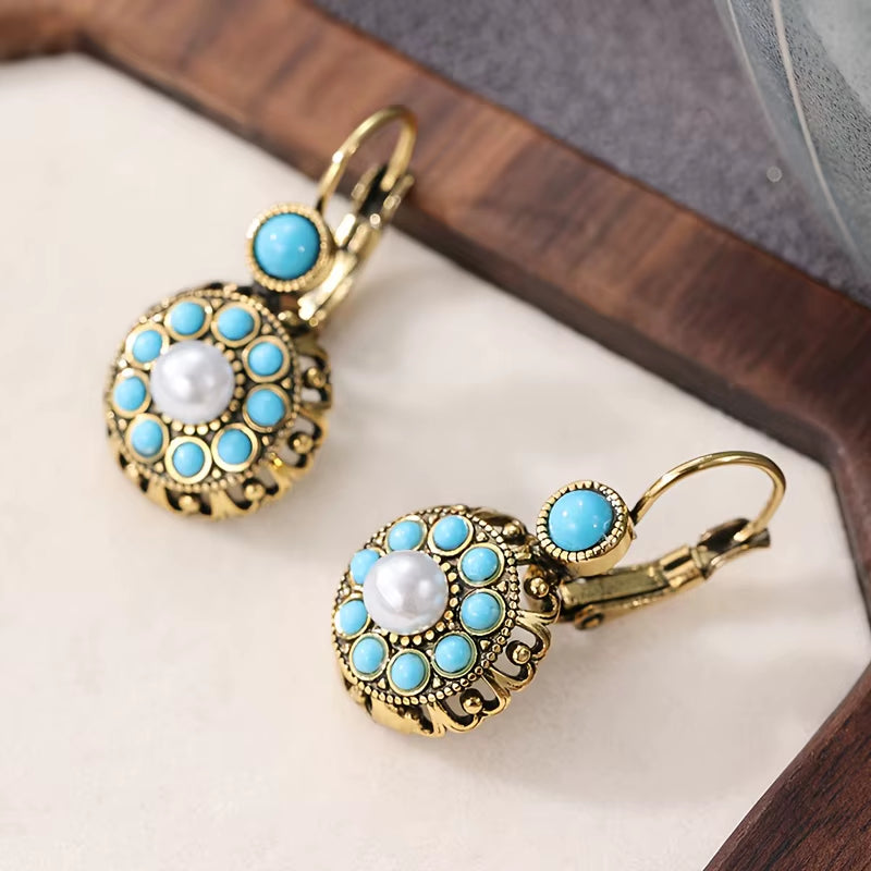 Vintage Ethnic Style Flower Shape with Blue Synthetic Turquoise Women'S Earrings Design Suitable for Daily Holiday Gifts
