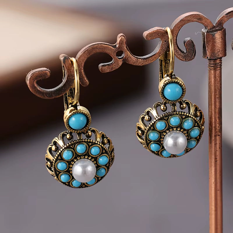 Vintage Ethnic Style Flower Shape with Blue Synthetic Turquoise Women'S Earrings Design Suitable for Daily Holiday Gifts