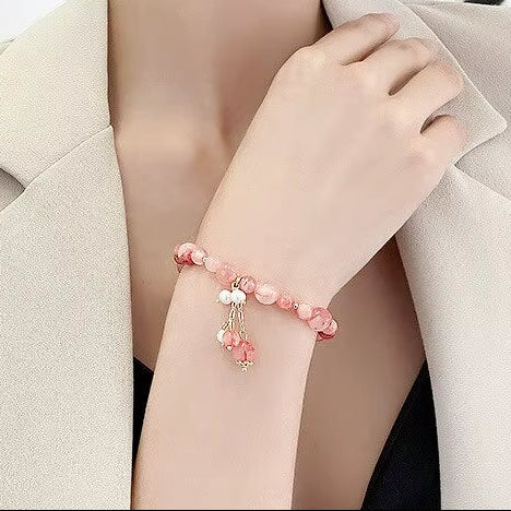 Pink Crystal Natural Stone Bracelet Reiki Energy Strand Bracelets Bangles for Women Prayer Blessing Health Wristband Jewelry