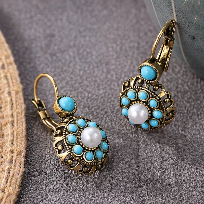 Vintage Ethnic Style Flower Shape with Blue Synthetic Turquoise Women'S Earrings Design Suitable for Daily Holiday Gifts