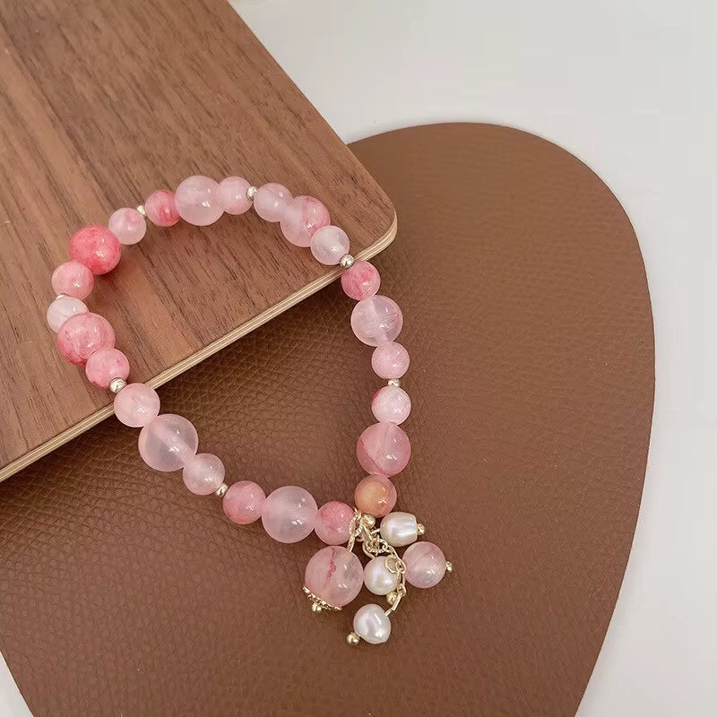 Pink Crystal Natural Stone Bracelet Reiki Energy Strand Bracelets Bangles for Women Prayer Blessing Health Wristband Jewelry
